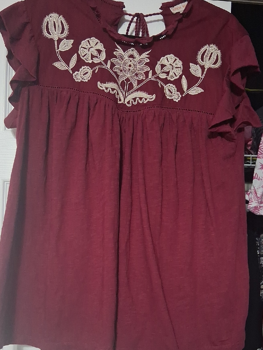 Knox Rose Burgundy Tunic with Cream Floral Embroidery Sz M  $28. 100% Cotton